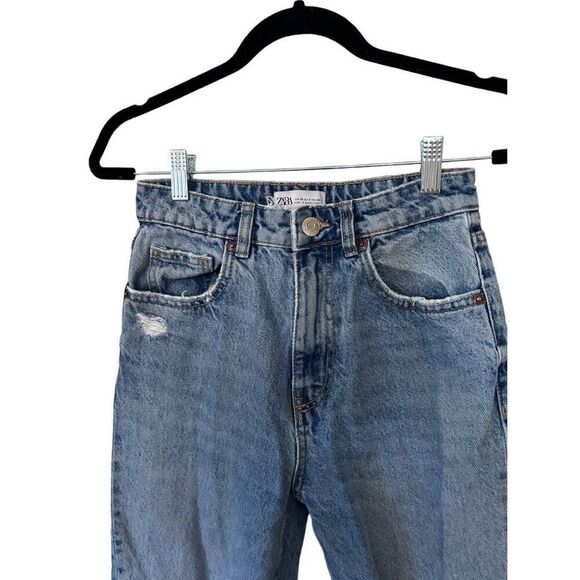 Zara 5 Pocket Design Distressed Ripped Denim Straight Jeans Blue Size 4 - Picture 3 of 11
